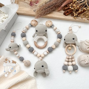 Whale savings set natural tones and gray boho stroller chain pendant pacifier chain baptism baby shower mother gift birth gift