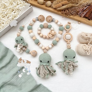 Confezione regalo personalizzata con ciondolo a forma di medusa, catenella per passeggino, catenella per ciuccio, regalo di nascita, battesimo, baby shower