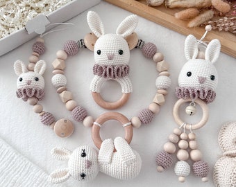 Personalized savings set stroller chain pendant gripping ring pacifier chain birth gift baby shower baptism with engraving rabbit cream and taupe