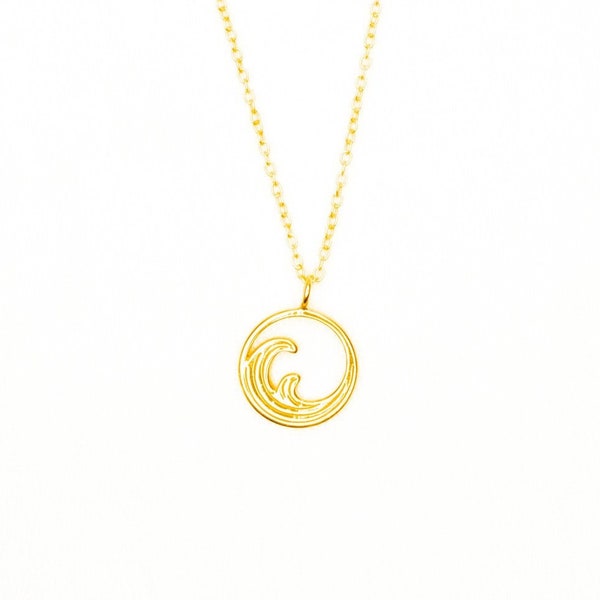 Collier vague « Ona » en argent sterling 925 avec alliage d’or véritable 14 ct, collier filigrane avec pendentif vague, bijou de surfeur de plage