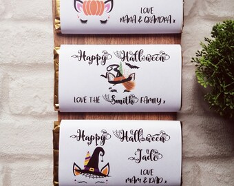 Happy Halloween Personalised Chocolate Bar Gift, Kids Halloween Treat, Trick Or Treat Party Bag Fillers with  Personalised Wrapper