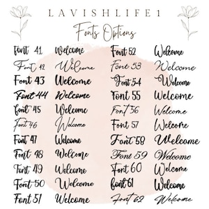 May include: A chart of 22 different font styles for the word "Welcome". The fonts are numbered 41 through 62. The chart is on a pink background with a floral design at the top and bottom.