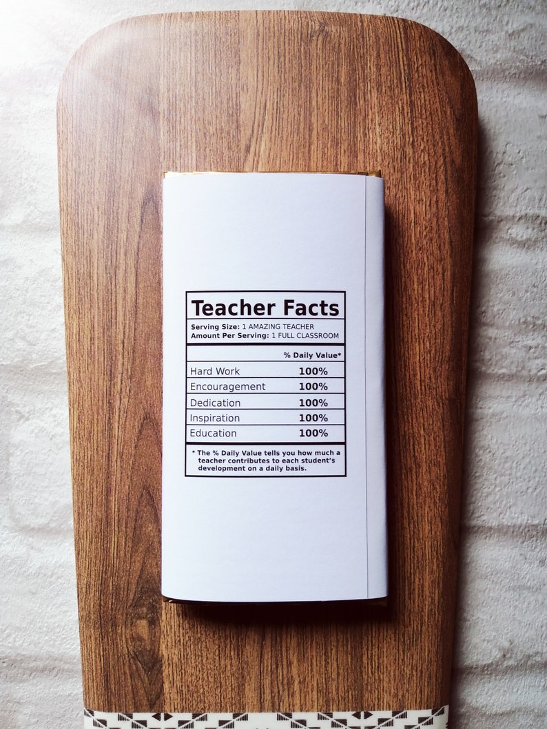 Op de afbeelding: Een wit notitieboek met de tekst "Teacher Facts" op een houten snijplank. Het notitieboekje vermeldt de dagelijkse waarde van hard werken, aanmoediging, toewijding, inspiratie en onderwijs als 100%. De plank heeft een bruin houtnerfpatroon.