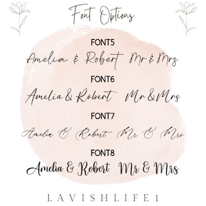 May include: A digital chart titled Font Options displaying four distinct black script and serif typography styles labeled FONT5, FONT6, FONT7, and FONT8. Each style shows the text Amelia & Robert and Mr & Mrs over a pale pink watercolor background.