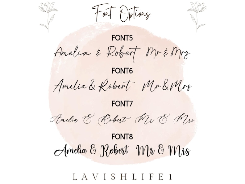 May include: A digital chart titled Font Options displaying four distinct black script and serif typography styles labeled FONT5, FONT6, FONT7, and FONT8. Each style shows the text Amelia & Robert and Mr & Mrs over a pale pink watercolor background.