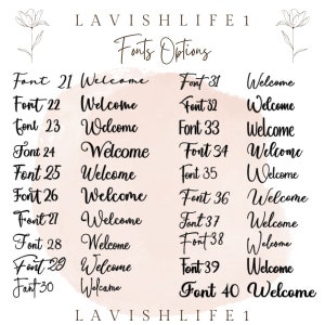 May include: A pink and white watercolour background with the text "LAVISHLIFE 1 Fonts Options" at the top.  The image shows 20 different font styles for the word "Welcome".