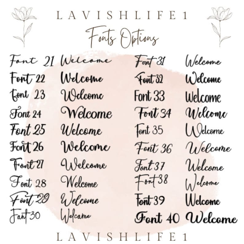 May include: A pink and white watercolour background with the text "LAVISHLIFE 1 Fonts Options" at the top.  The image shows 20 different font styles for the word "Welcome".