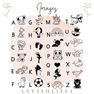 May include: A black and white alphabet chart with illustrations for each letter. The illustrations include a unicorn, a hot air balloon, a panda, a mermaid, a football, and a bear.
