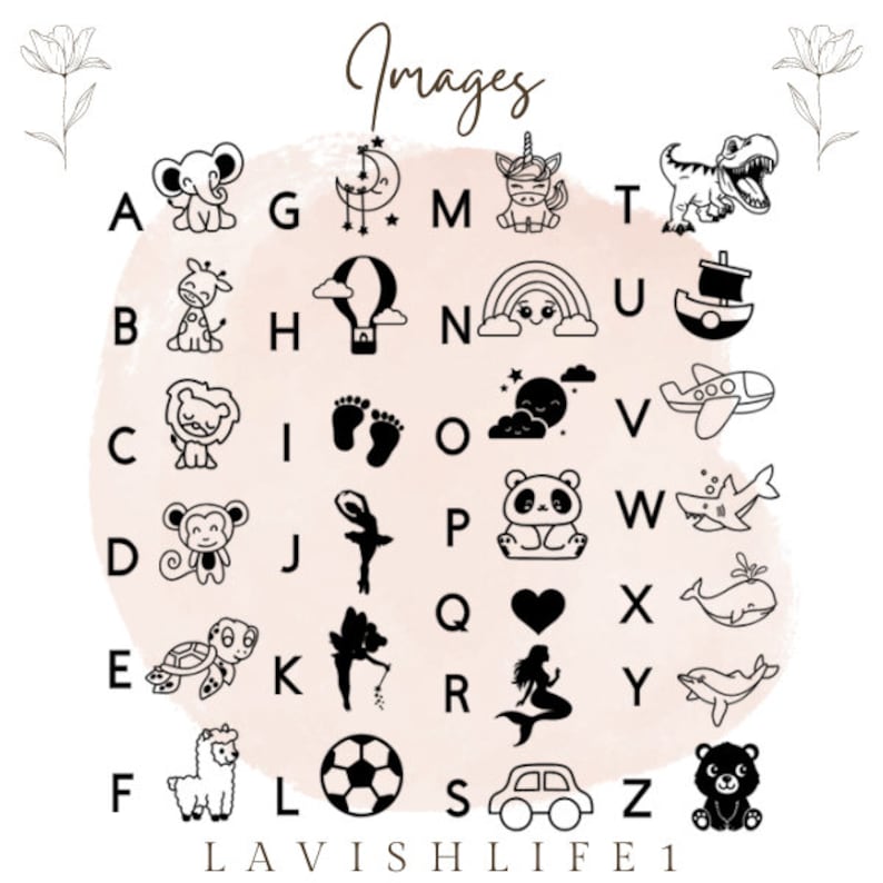 May include: A black and white alphabet chart with illustrations for each letter. The illustrations include a unicorn, a hot air balloon, a panda, a mermaid, a football, and a bear.