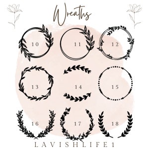 May include: A set of 18 black and white wreath illustrations, numbered 10 through 18, on a pink background. The word "Wreaths" is written in brown at the top of the image. The text "LAVISHLIFE1" is written at the bottom of the image.