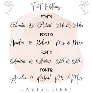 May include: A digital chart titled Font Options displaying four distinct black typography styles labeled FONT9, FONT10, FONT11, and FONT12. Each row features the names Amelia & Robert and the text Mr & Mrs. A pale pink watercolor shape sits behind the text.