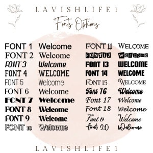 May include: A graphic displaying 20 different font options for the word "Welcome". The fonts vary from simple and bold to more decorative and cursive.