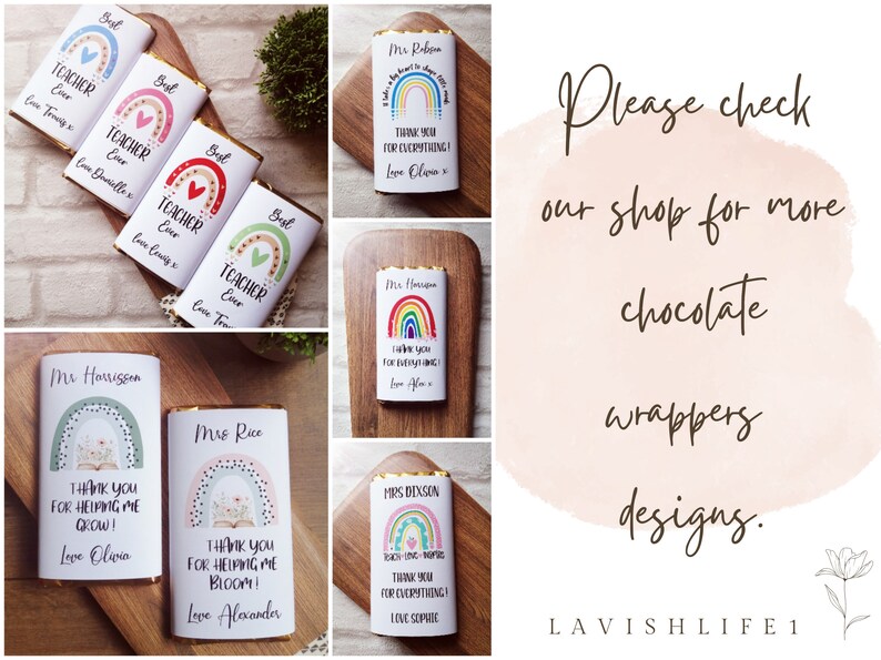 Op de afbeelding: Chocoladereepverpakkingen met regenboog- en thema-ontwerpen voor leraren. De verpakkingen bevatten tekst als "Beste leraar ooit" en "Bedankt voor alles!" op een witte achtergrond. De afbeelding bevat ook de tekst "Bekijk onze shop voor meer chocoladewikkelontwerpen."