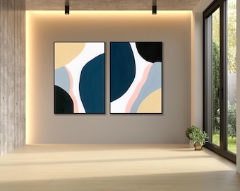 Set di 2 dipinti a olio geometrici astratti: decorazione murale minimalista, pittura nordica, pittura Japandi, pittura murale WabiSabi