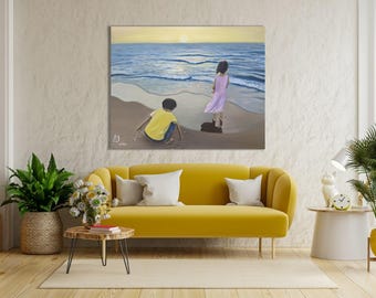 Lienzo impreso "Niños en la playa": Arte infantil costero y divertido, Hermanos en la playa (Descarga digital)