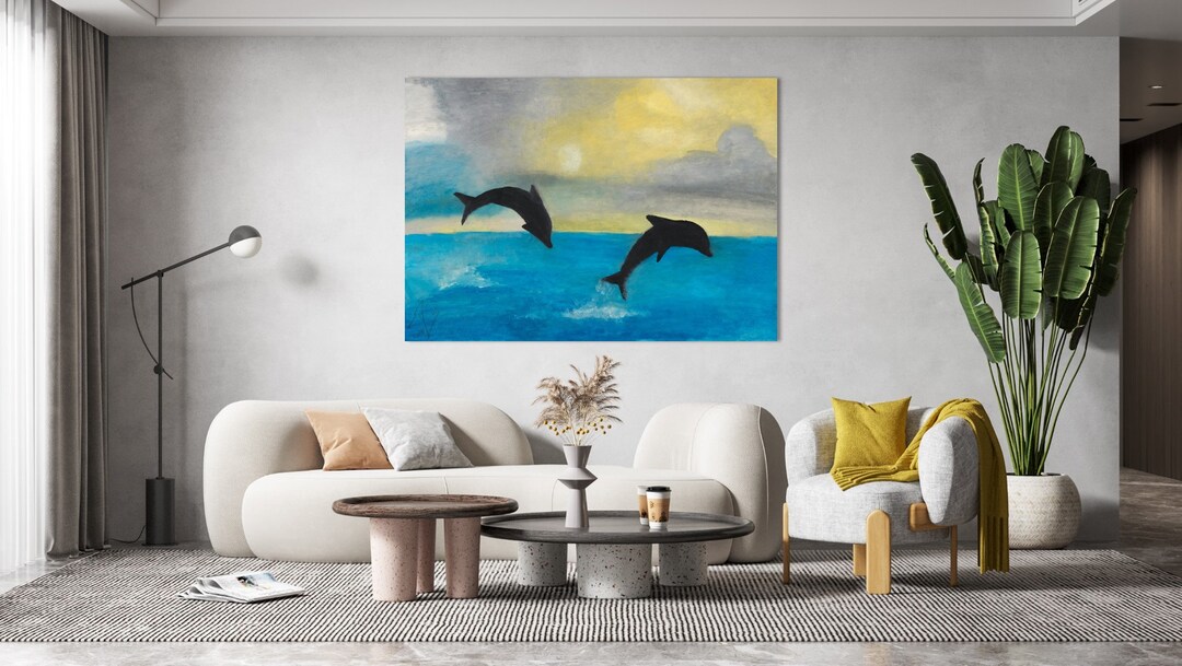 Dolphins Above Bed Art, Royal Blue Wall Art, Classic Home Painting Art