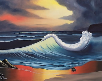 Abstract Blue Wave Canvas Print: Large Coastal Ocean Painting