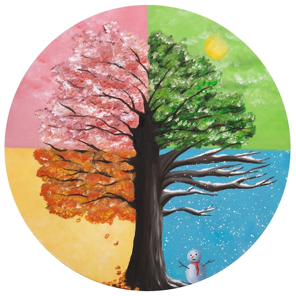 Four Seasons Abstract Art Print Set: Modern Round Canvas Wall Art, Four Seasons Tree Art Print Set, Nature-Inspired Wall Decor