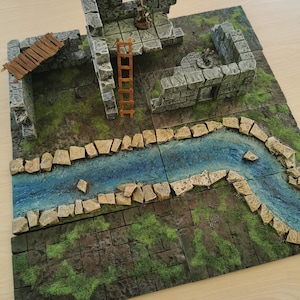 Pode incluir: Um edifício de pedra em miniatura com uma escada de madeira e uma ponte, situado em um terreno verde e marrom com um rio azul. O edifício está parcialmente destruído, com um interior visível e uma pequena figura em pé em uma plataforma.