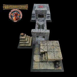May include: A set of four grey stone dungeon tiles for tabletop role-playing games. The tiles feature a central structure with a doorway and a raised platform, as well as stairs and a small fire pit.