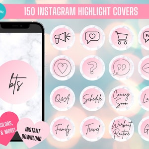 150 DIY Editable Pink and Marble Instagram Story Highlight Covers | Icons and Text | Canva Templates |  Business & Lifestyle