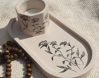 Handmade and handprinted tray and tealight holder//Jewellery tray, Perfume tray, Glasses tray, Key tray, Handpainted floral dresser tray