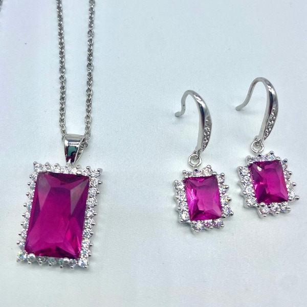 Pink Sapphire Earrings and Pendant | Silver Necklace Set | Faux Pink Sapphire Necklace Set | Pink Cz Jewelry Set with Silver Necklace