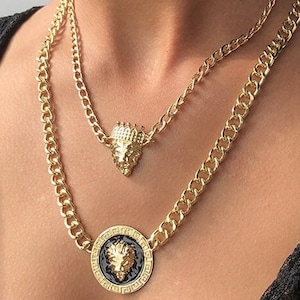 Vintage Gold/Black Lion Head And Crown Pendant Double Layer Necklace | Multi-layered Necklace | Gold Lion Necklace | Lion Chain Pendant