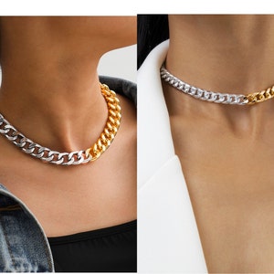 Two Toned Gold and silver Curb link Necklace | Mixed color Choker | Curb choker necklace | Two tone minimalist chain | Two Tone Cuban link