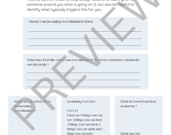 May include: A white and light blue worksheet titled "When you feel overstimulated." It includes prompts to identify triggers, emotional/physical experiences, grounding exercises, and needs during overstimulation. The text is in black.