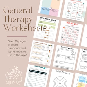 Op de afbeelding: Een verzameling printbare werkbladen voor algemene therapie. De werkbladen bevatten titels zoals "Mindful Senses Walk", "Thought Record", "Safety Network" en "Coping Playlist".