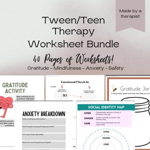 May include: A worksheet bundle for tweens and teens, featuring 40 pages of worksheets on gratitude, mindfulness, anxiety, and safety. The worksheets include activities like a gratitude jar, an emotional check-in, and an anxiety breakdown.