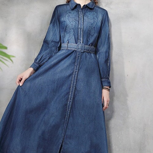 Blue Vintage Long Sleeve Denim Embroidery Dress Plus Size - Etsy