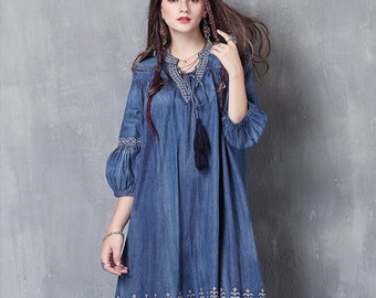 Vintage Summer Long Sleeve Denim V-Neck Shirt Dress, Blue Loose Embroidered Denim Dress, Boho Denim Dress, Women's Summer Denim Maxi Dress