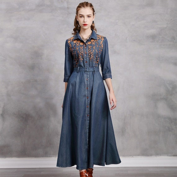Blue Boho Dress Vintage Embroidered Flower Maxi Dress Long - Etsy