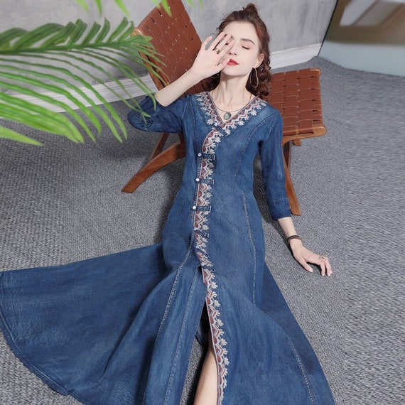 Long Sleeve Denim Embroidered Dress 