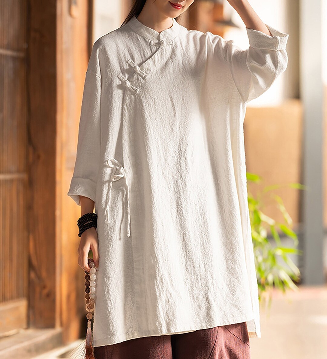 Long Sleeve Standing Collar Cotton Linen Frog Button Shirt, Vintage Chinese Casual Shirt 20250604 main image 0