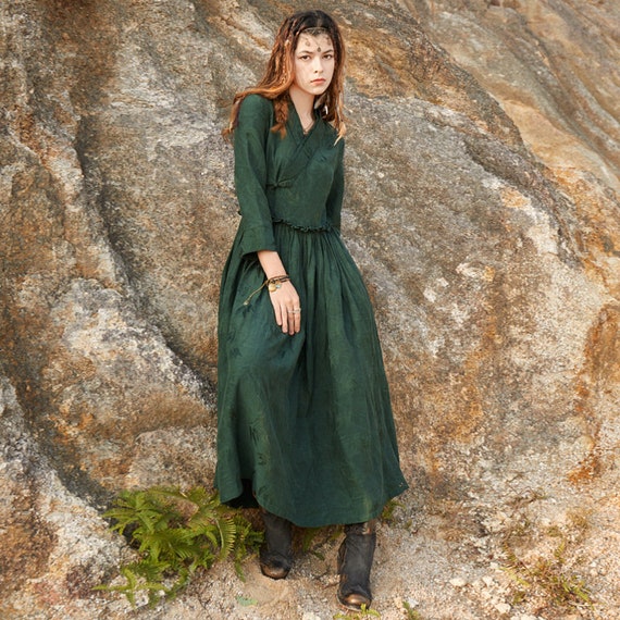 Green Linen-cotton Long Sleeve Dress 