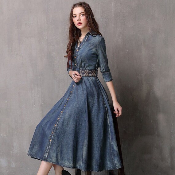 Blue Vintage Long Sleeve Denim Dress Plus - Etsy