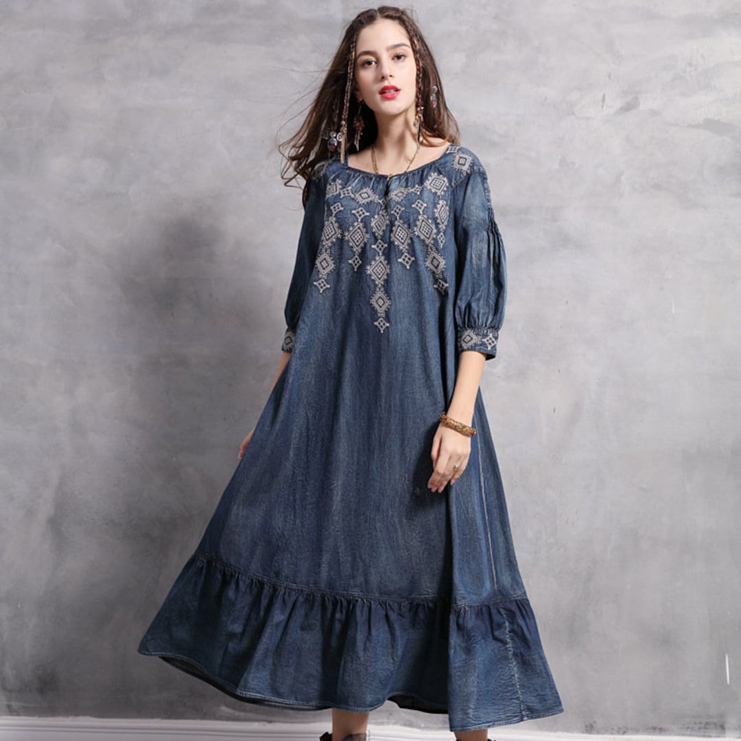 Summer Loose Half-sleeve Denim Dress Embroidery Retro - Etsy