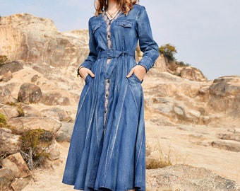 Women Denim Boho Shirt Dressspring 