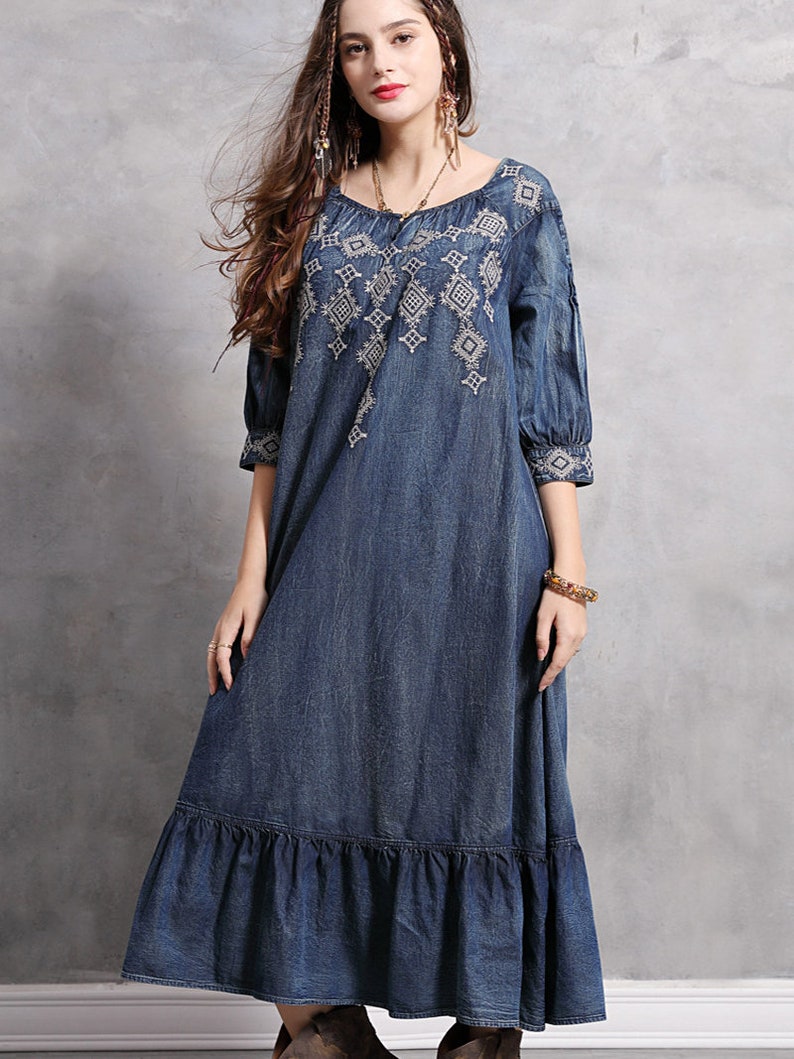 Summer Loose Half-sleeve Denim Dress Embroidery Retro - Etsy