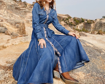 Women denim boho shirt dress,spring denim dress,denim maxi dress,Vintage embroidered  blue denim shirt dress,women  summer  denim dress