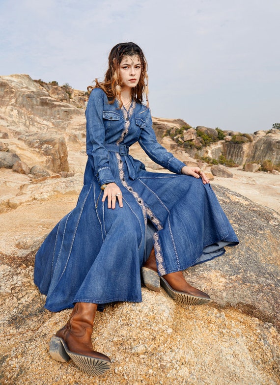 Women Denim Boho Shirt Dressspring 