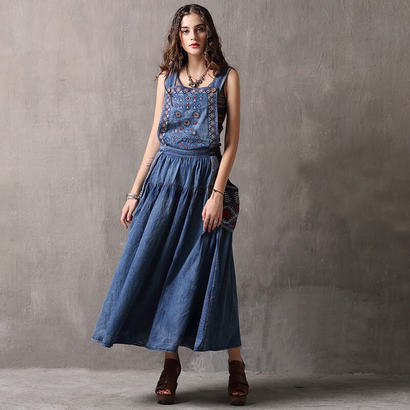bohemian embroidered suspender dress