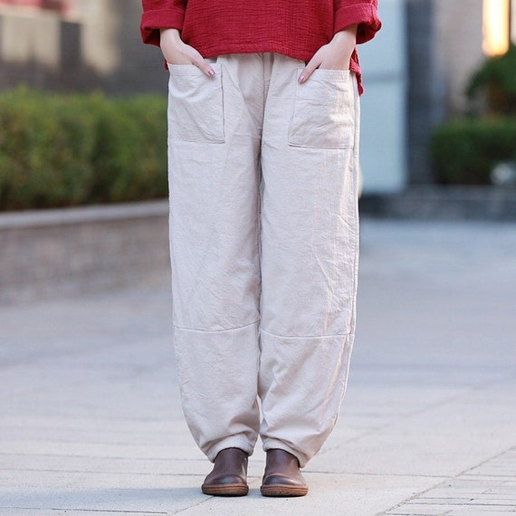 Winter Loose Linen Pants, Women's Cotton Linen Warm Pants, Casual