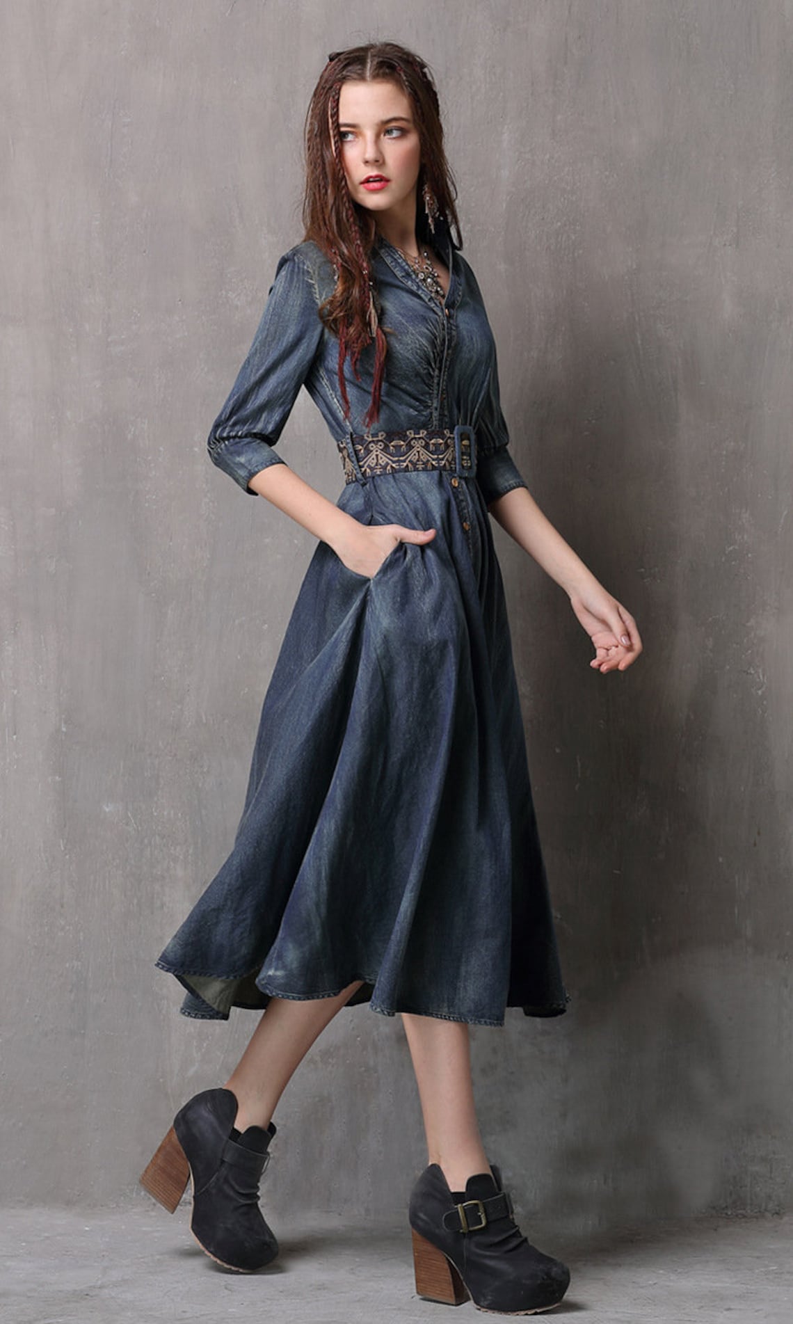 Blue Vintage Long Sleeve Denim Embroidery Dress Plus Size - Etsy