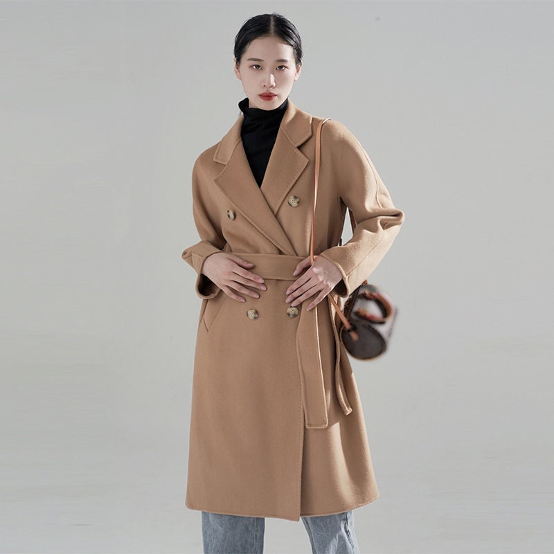  Escalier Women's Wool Trench Coat Winter Double-Breasted Jacket  with Belts : Clothing, Shoes & Jewelry