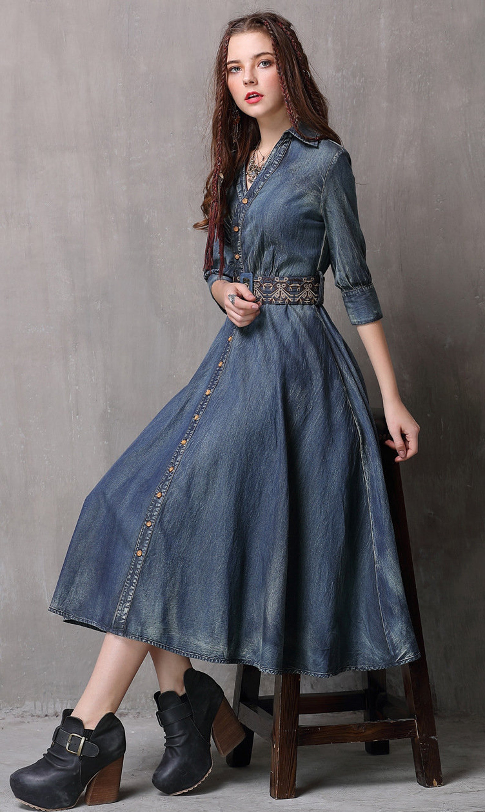 Blue Vintage Long Sleeve Denim Embroidery Dress Plus Size - Etsy