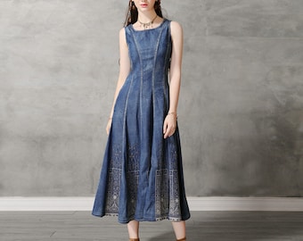 Woman blue denim bohemian dress, retro cotton sleeveless denim dress, Maxi denim sleeveless dress